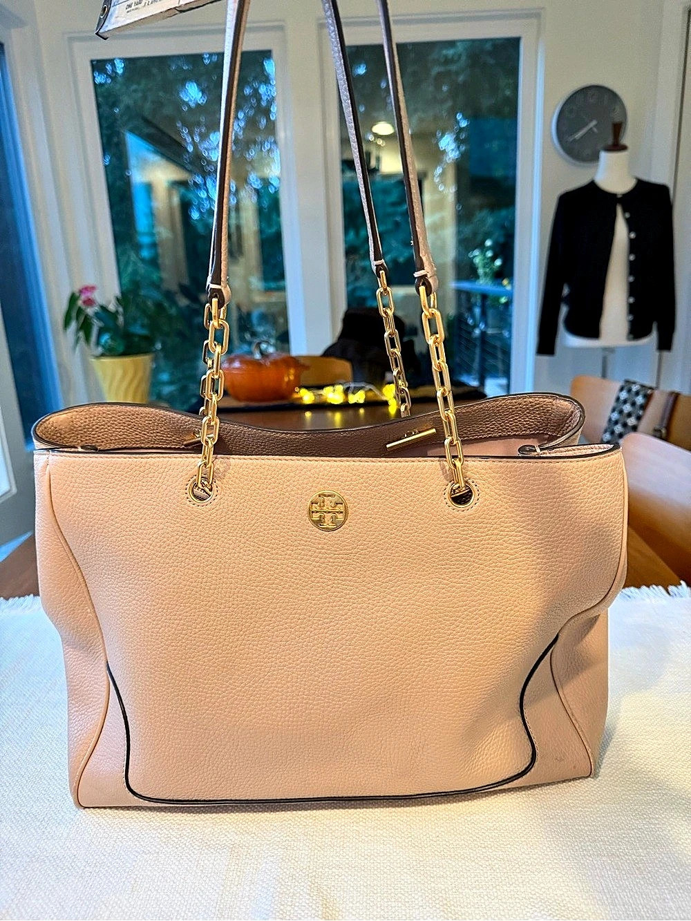 Tory Burch Pebbled Tote in Blush Beige